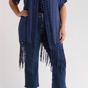 Navy Fringe Kimono Cardigan - Women